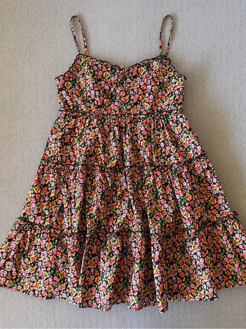B Darlin Black Floral Tiered Sundress with Pink & Green Accents
